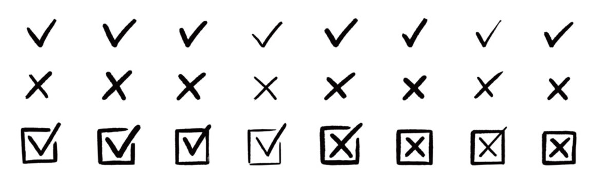 Check tick mark icon set. Cross box x check mark checkbox v list vector draw hand drawn sketch doodle brush marker checklist symbol wrong right circle. Vector Illustration