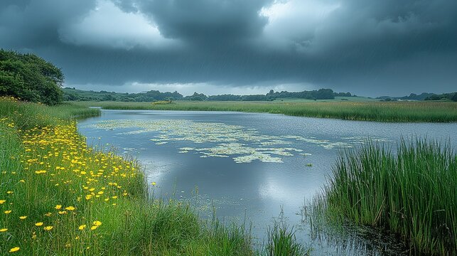 A serene landscape of an English wetland, with lus