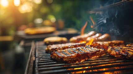 Delicious Grilled Steaks on Barbecue Grill Summer Outdoor Picnic Food Tasty Meat Cooking Backyard Party Feast Summertime Relaxation Enjoyment Healthy Lifestyle Delicious 