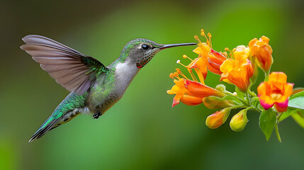 Fototapeta premium A hummingbird in flight, feeding from orange flowers.