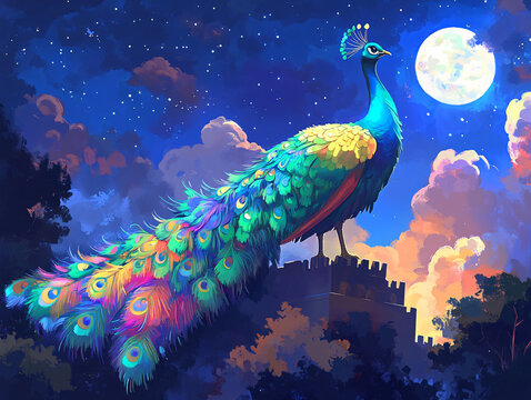Dazzling Digital Artwork of Majestic Peacock Night Silhouette Against Enchanting Moonlit Castle Sky, Vibrant Colors, Luminous Feathers, Mythical Scene with Stars, Colorful Biodiverse Flora and Fauna