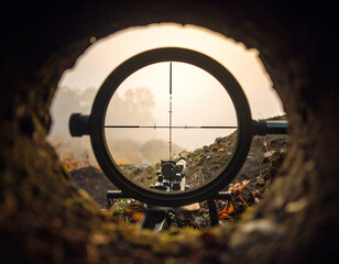 Sniper Scope View Foggy Battlefield Landscape Through Trench Periscope