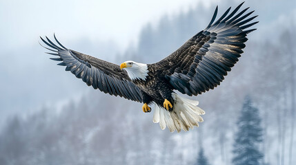 Obraz premium Majestic bald eagle soaring through a wintery landscape.