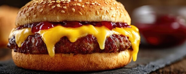 Fast food and soda taste with high sugar calories concept. Delicious cheeseburger with melting cheese and rich ketchup.