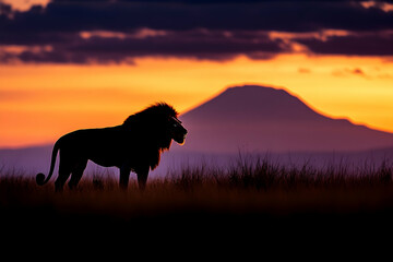 Silhouette of a lion at sunrise.