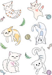 Cute and funny cats vector set. Cartoon kitte characters design collection with flat color in different poses.