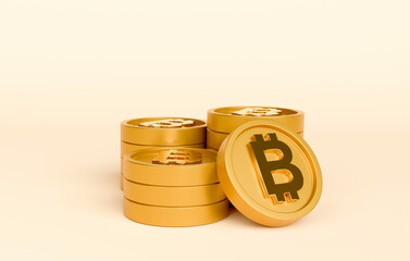 3D golden Bitcoin BTC Coins stack on yellow background. Cryptocurrency, electronic payments with account storage on blockchain.
