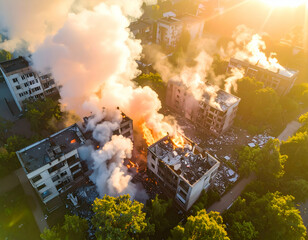 Drone's-Eye View Sunrise Inferno - Apartment Buildings Engulfed in Flames