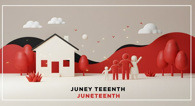 Juneteenth celebration scene featuring a stylized house and a happy family represents freedom and cultural heritage in a colorful 3D graphic design.