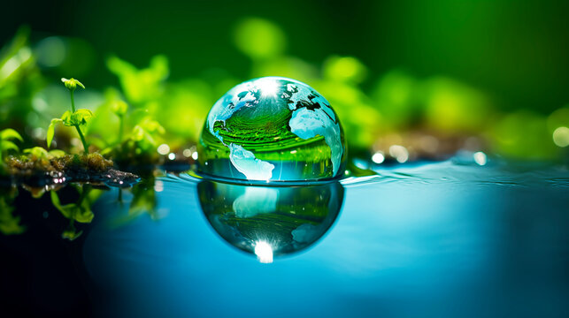 Water Drop Globe: A captivating image of a water droplet, reflecting the planet, cradled amidst lush greenery, symbolizes environmental awareness and the delicate balance of our world.