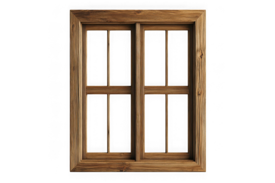 Detailed wooden window frame illustration, interior design element, architectural visualization, png image, isolated on transparent background
