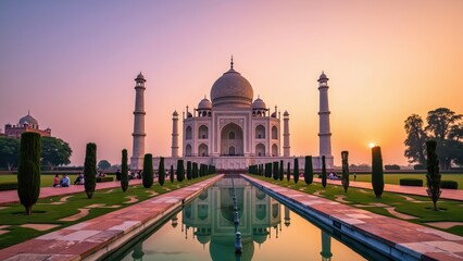 Obraz premium Sunset Over the Majestic Taj Mahal and Reflecting Pool