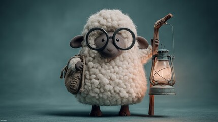 Adorable Sheep Character Wearing Glasses Holding Lantern Cute 3D Render Illustration Cozy Winter Night Scene Soft Fluffy Wool Texture Sweet Gentle Peaceful Atmosphere    