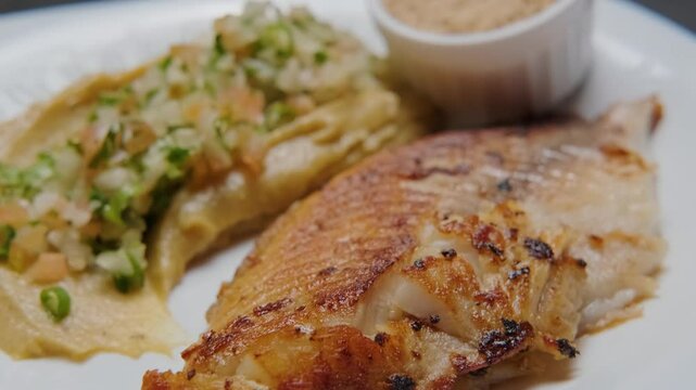 Fried tilapia dish with vinagrete and farofa, healthy food
