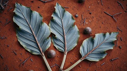 Desert Plant Leaves and Seeds on Red Earth