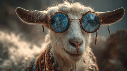 Stylish Goat Wearing Round Blue Sunglasses Fashionable Animal Portrait Photography Cool Trendy Hipster Farm Animal Majestic Outdoors Summer Nature Wildlife pet eyes face 