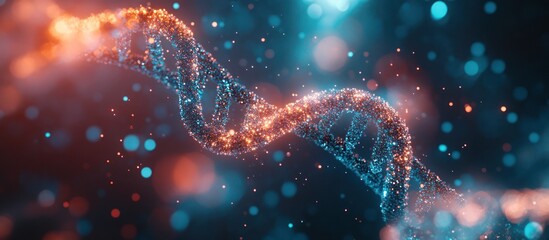 Glowing DNA helix against a bokeh background.  Intricate detail showcases its complex structure