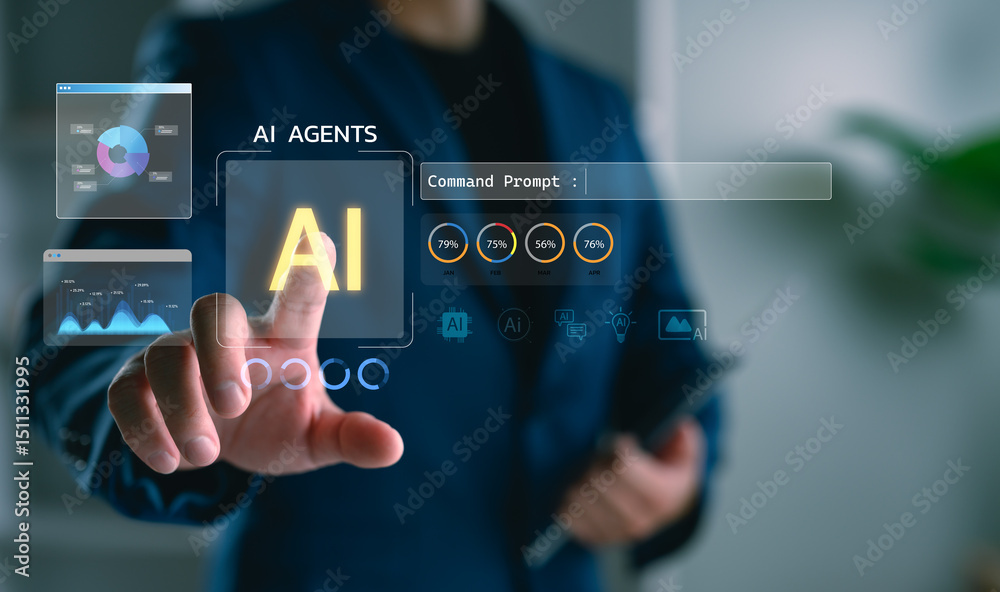 Fototapete AI agent command interface with businessman touching virtual AI dashboard, representing artificial intelligence control, data analysis, digital assistant, and futuristic business technology.