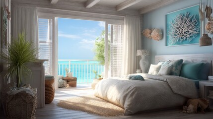 Fototapeta premium Coastal bedroom interior with ocean view