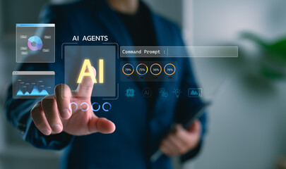 AI agent command interface with businessman touching virtual AI dashboard, representing artificial intelligence control, data analysis, digital assistant, and futuristic business technology.