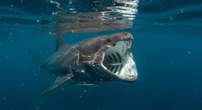 Giant Basking Shark Filter Feeding Underwater
