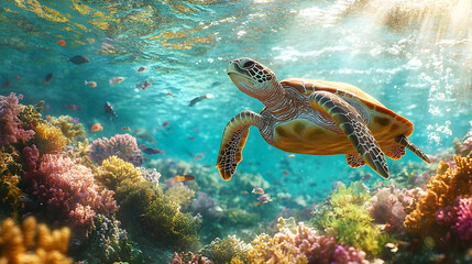 Fototapeta premium Sea turtle swims amongst colorful coral reefs.