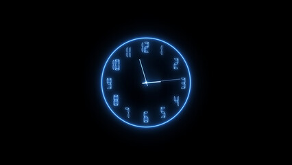 Abstract neon clock icon illustration. on a black background. 4k illustration. 