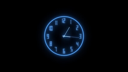 Abstract neon clock icon illustration. on a black background. 4k illustration. 