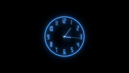 Abstract neon clock icon illustration. on a black background. 4k illustration. 
