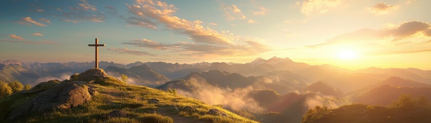 Serene Mountain Landscape with Cross at Sunrise in Tranquil Setting