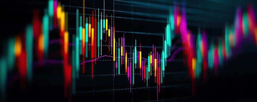 Stop-loss trigger entry timing with support and trend exit concept. Abstract stock market chart with vibrant color fluctuations.
