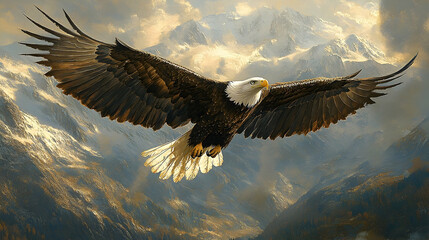 Fototapeta premium Majestic eagle soaring over a mountainous landscape.