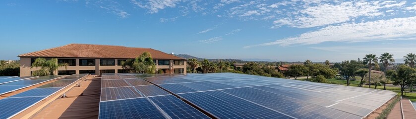 Bright Solar Panels on Rooftop Against Clear Sky and Landscape