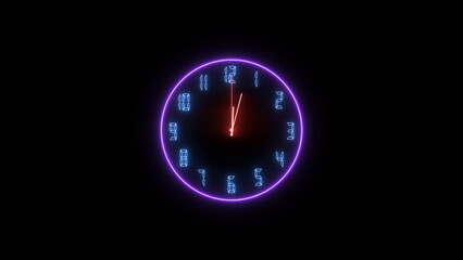 Abstract neon clock icon illustration. on a black background. 4k illustration. 