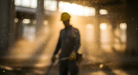 Silhouette of a skilled construction worker wearing a safety helmet inside a dusty industrial site with golden sunbeams illuminating floating particles.