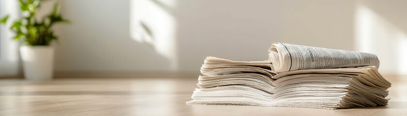 Stacked newspapers on a bright wooden floor with a plant background