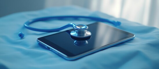 Medical tablet with stethoscope on a blue surface