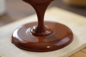 Melted milk chocolate being poured into a mold, rich, creamy texture, glossy surface, decadent dessert preparation Perfect for baking, confectionery, and culinary blogs , texture, baking