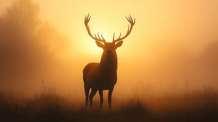 Naklejka premium Majestic deer silhouetted against a sunrise.