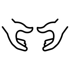 An (outline style) illustration of two stylized open hands with fingers gently curled, symbolizing picking up, holding, receiving, and careful handling. Conveys an action of engagement, grasping