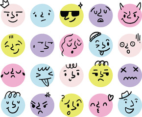 A set of pastel-style emoticon icons featuring fun and expressive faces in colorful circles, ideal for social content, stickers, or playful branding visuals.
