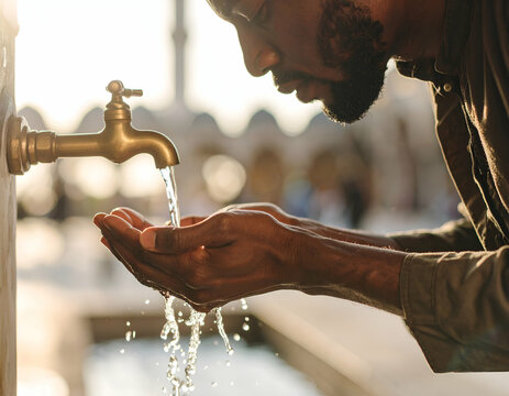 Spiritual Cleansing A Man Performing Wudu Ablution at a Mosque Fountain