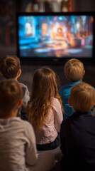 Group of children sitting and watching tv with a colorful show on the screen in a dark room setting