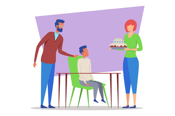Joyful family gathering with child sitting at table while parents presenting cake. Memorable family celebration concept