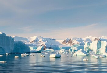 Floating icebergs in a serene Antarctic sea; majestic glaciers and ice mountains form a beautiful, snug arctic landscape, cold, antarctic landscape