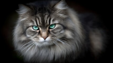 Close-up of a long-haired gray tabby cat with striking blue-green eyes