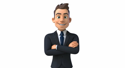Obraz premium A cheerful 3D-rendered cartoon businessman stands with arms crossed, exuding confidence and professionalism. He's dressed in a dark suit and tie, against a white background.