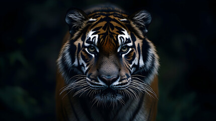 Fototapeta premium Close-up of a tiger's face in the dark.