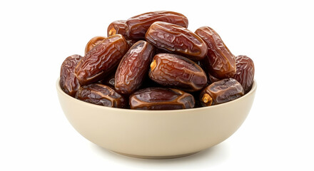 Obraz premium A beige bowl brimming with plump, dark brown Medjool dates. The dates are glistening, suggesting freshness and sweetness. A simple, visually appealing image.