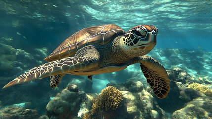 Fototapeta premium A sea turtle swims gracefully amidst coral reefs.